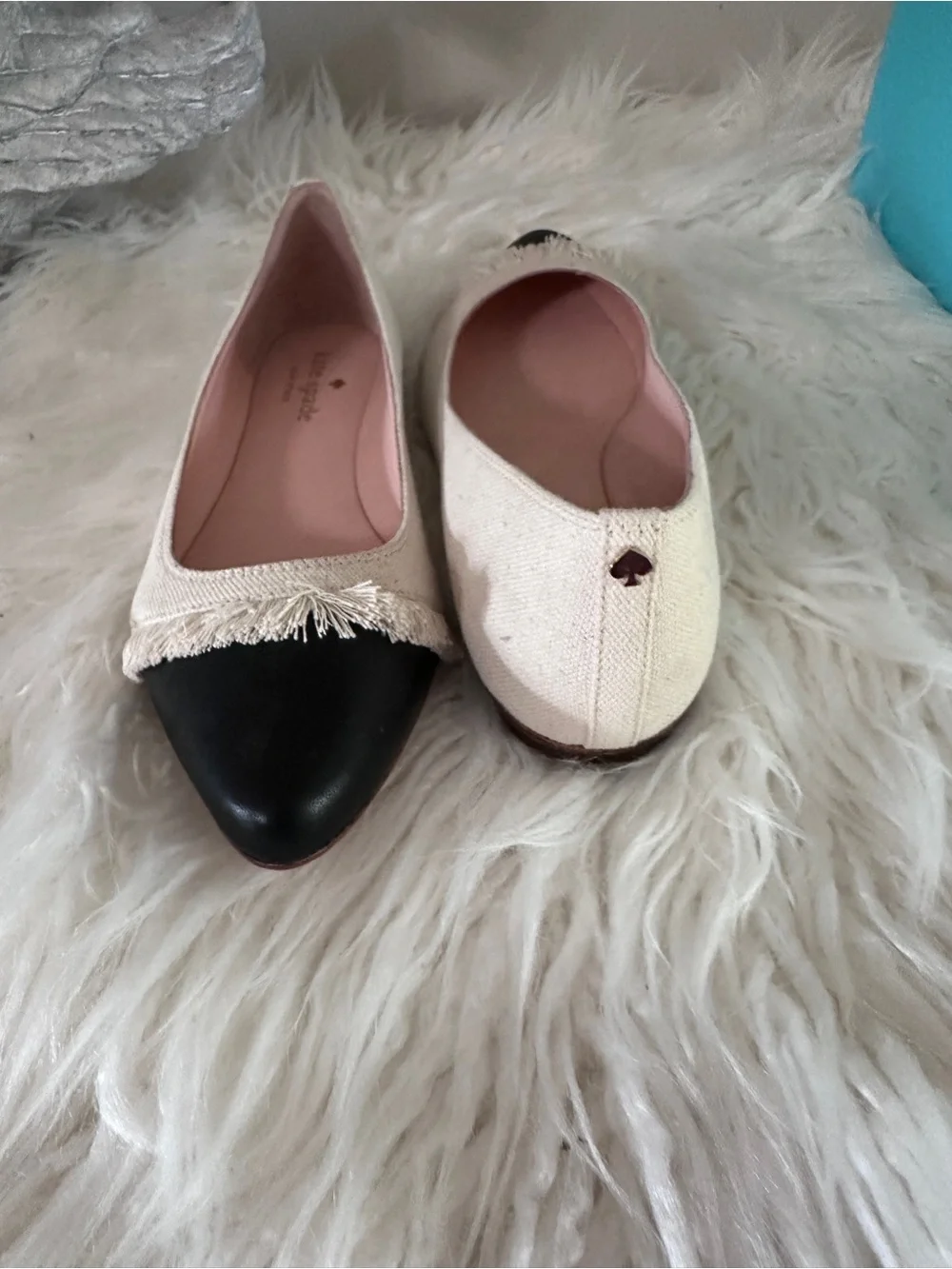 Kate Spade Nelly Ballet Flat Natural Canvas Black Cap Toe Flats Size 6 New